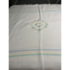 Vtg Italy Once Upon a Time Embroidered Flowers Fringe Knit Baby Blanket Shower